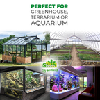The image showcases different environments where the Bio Green heating solution can be used, including a greenhouse, a terrarium, and an aquarium. It highlights the versatility of the product for maintaining optimal temperature in various plant or animal care setups, making it perfect for gardeners and aquarium enthusiasts.