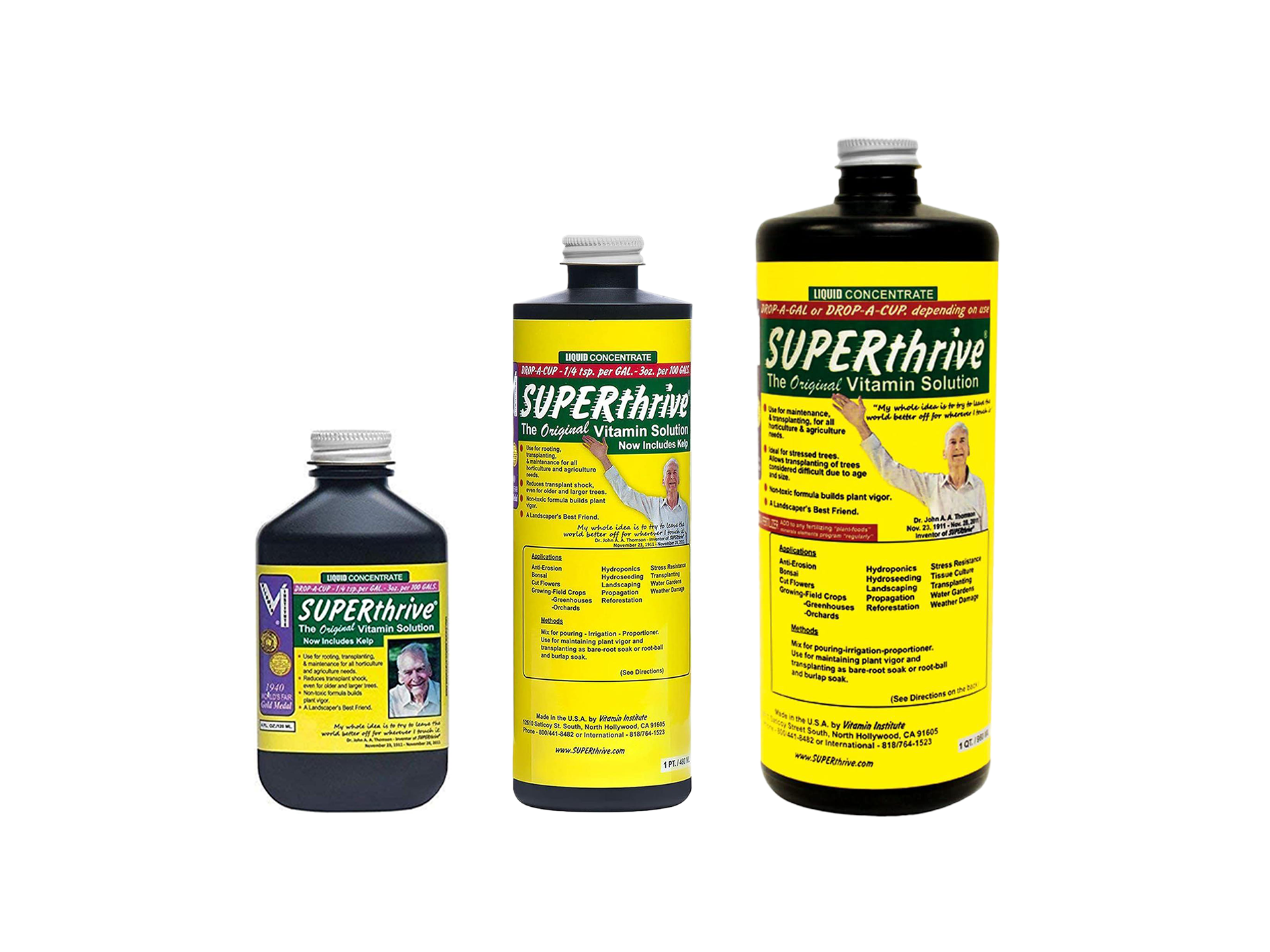 Three bottles of Superthrive Plant Nutrient, varying in sizes, showcasing the product packaging with a yellow label and logo, emphasizing its status as "The Original Vitamin Solution" for plants.