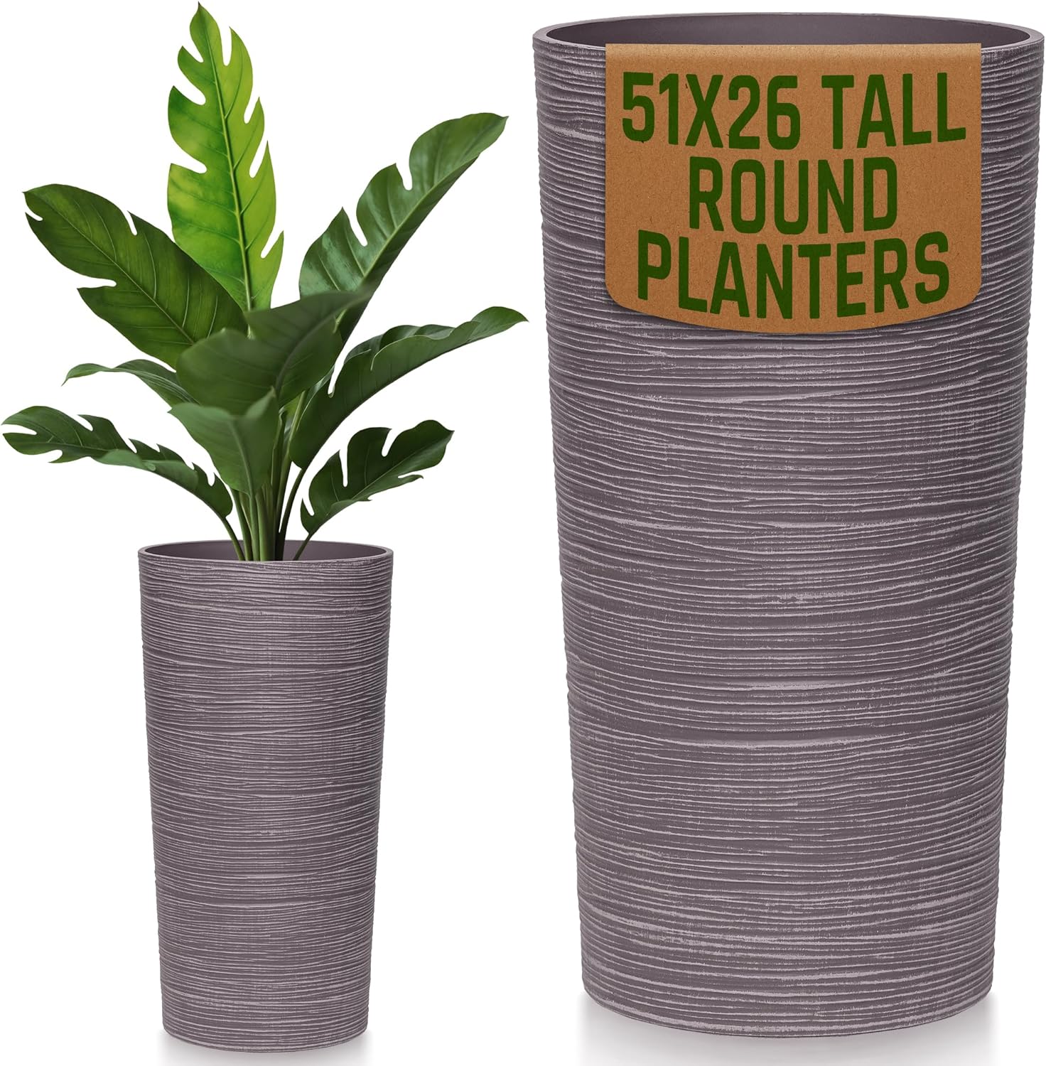 Moorgreen Blackrock tall round planter brown ribbed texture 51x26cm indoor outdoor plant pot with green plant