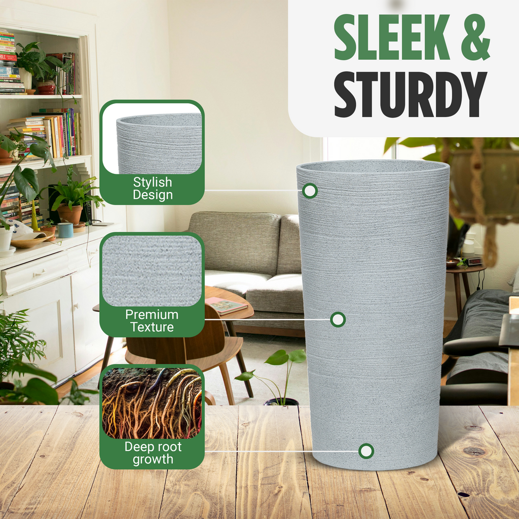 Moorgreen Blackrock tall round planter grey ribbed design in modern living room with stylish durable plant pot features