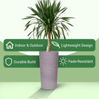 Moorgreen Blackrock tall round planter with plant showing indoor outdoor use lightweight durable fade resistant design