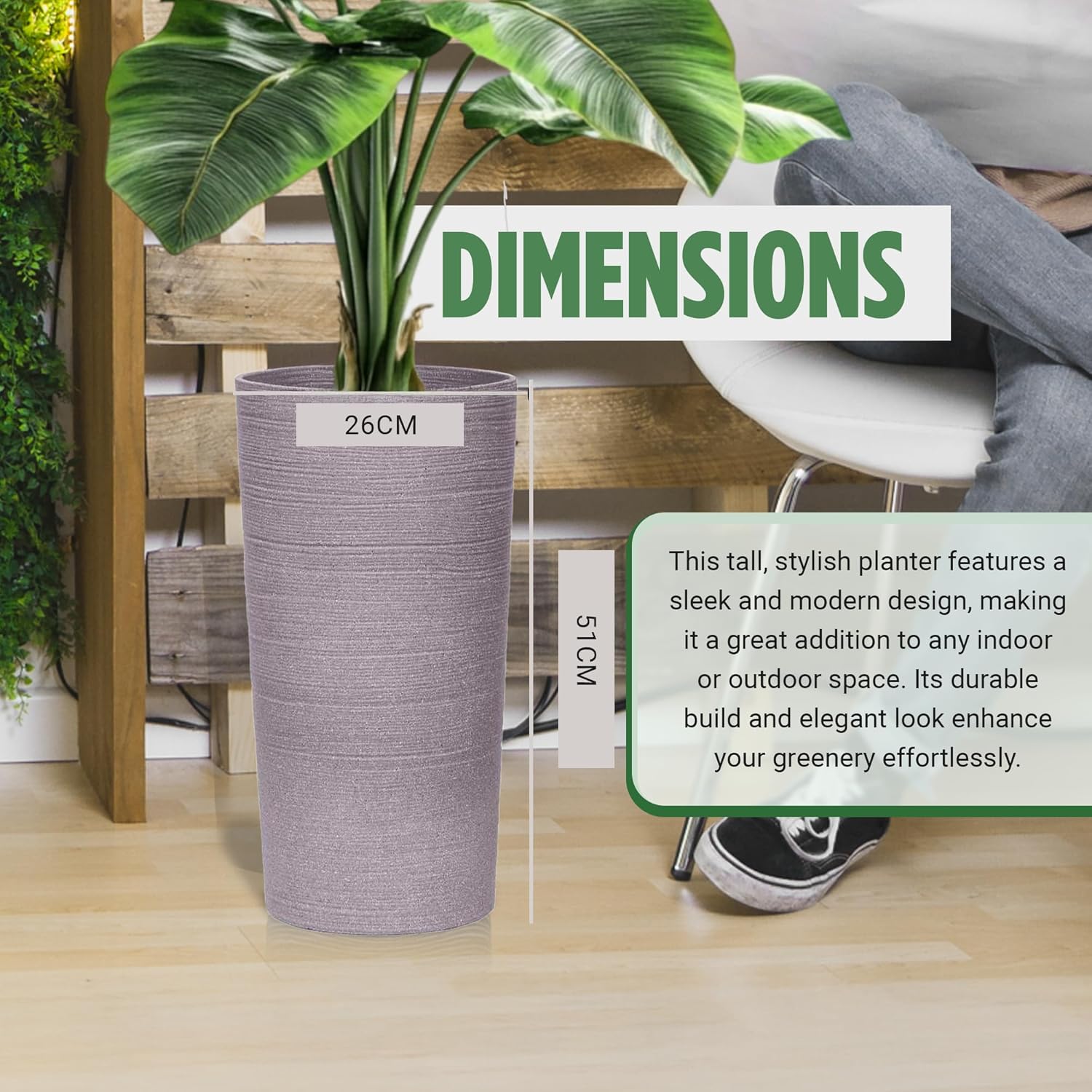 Moorgreen Blackrock tall round planter dimensions 51cm height 26cm diameter grey ribbed indoor outdoor plant pot with plant