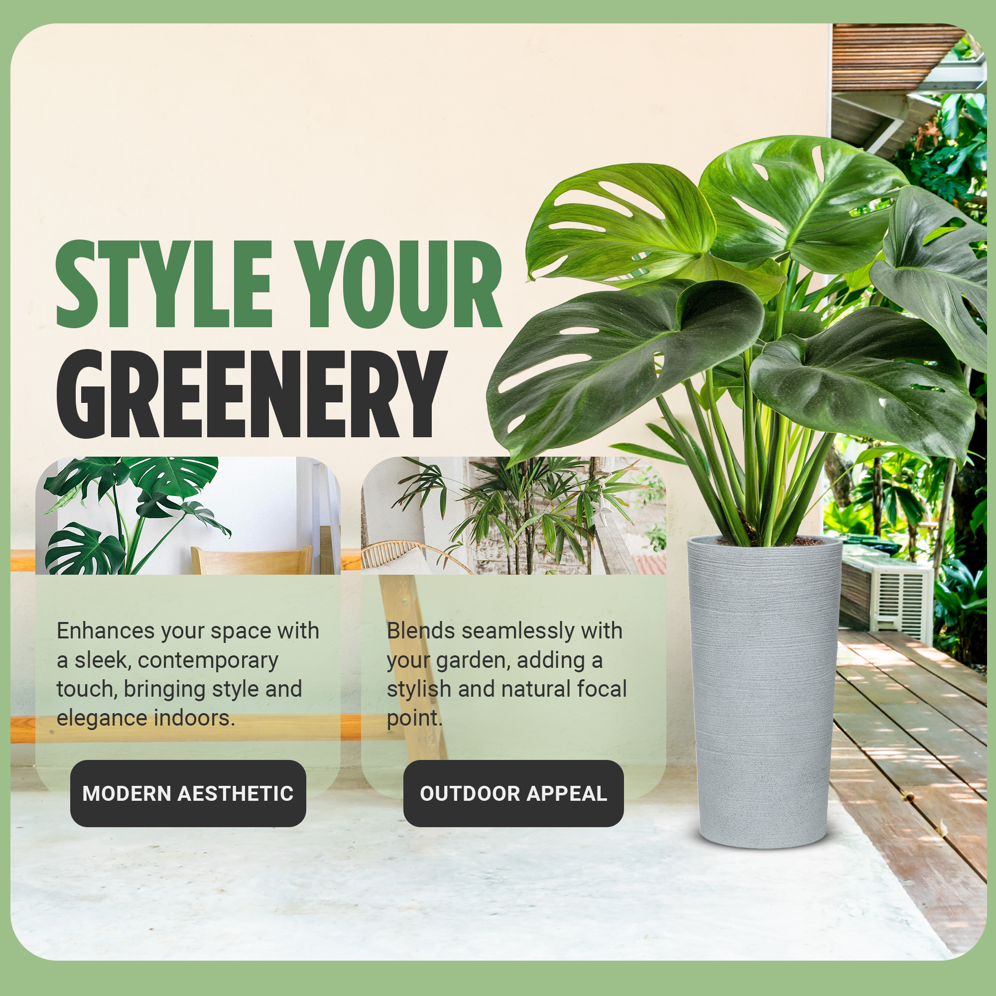 Moorgreen Blackrock tall round planter grey modern plant pot styling indoor and outdoor greenery with contemporary design