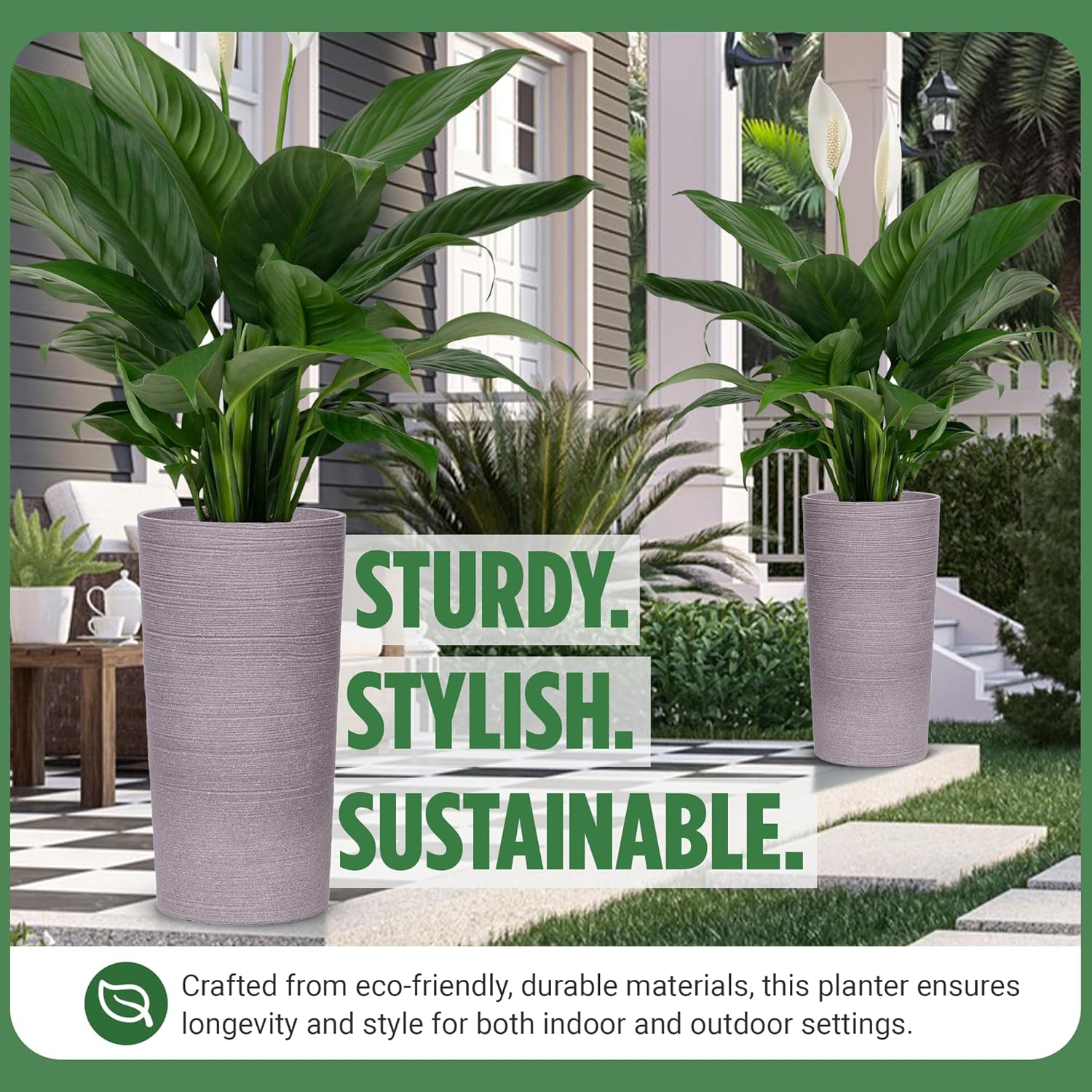 Moorgreen Blackrock tall round planter grey ribbed design with plants outdoor showing sturdy stylish sustainable eco friendly material