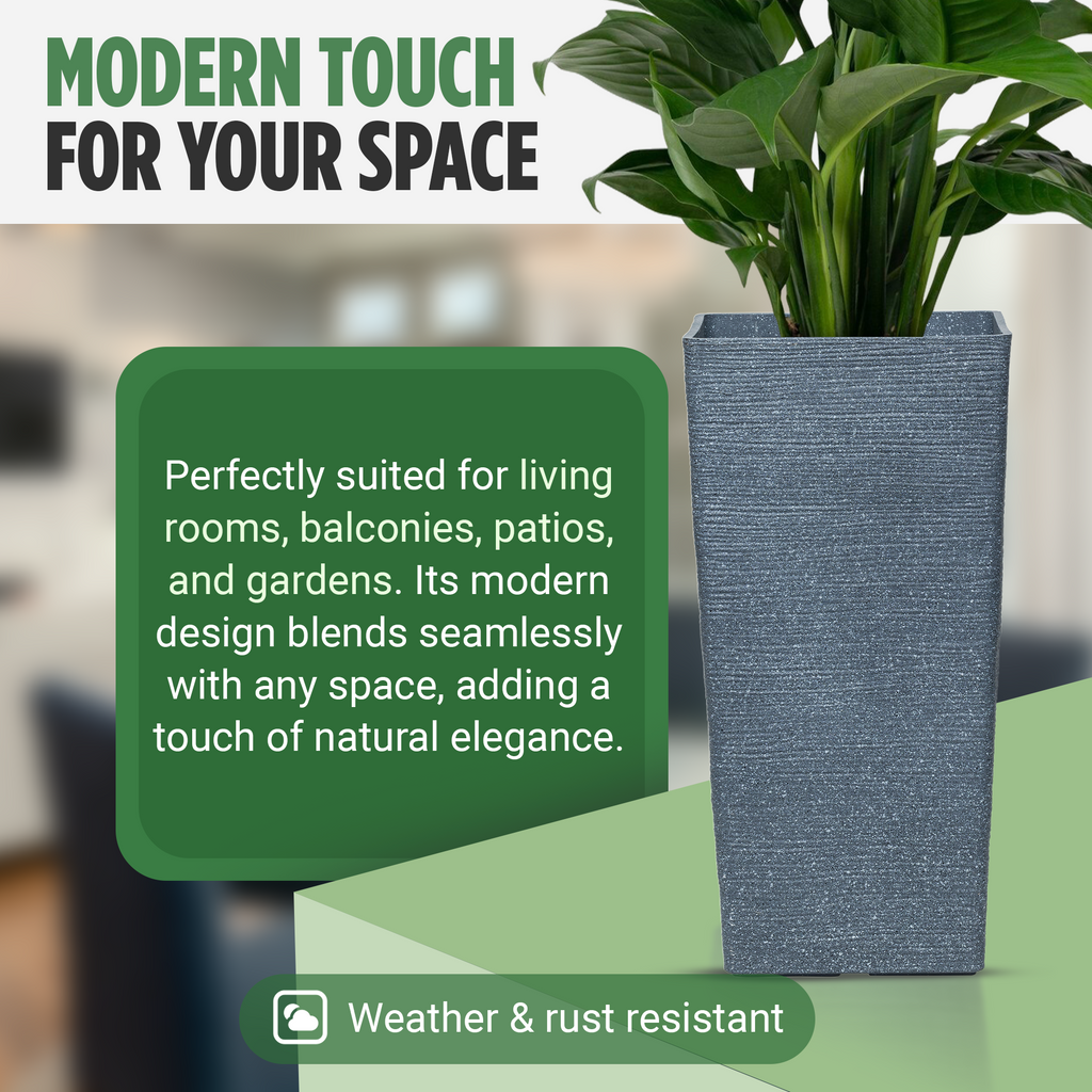 Moorgreen Malahide tall square planter grey ribbed design with plant, featuring weather and rust resistance, perfect for indoor and outdoor spaces