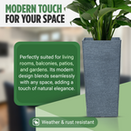 Moorgreen Malahide tall square planter grey ribbed design with plant, featuring weather and rust resistance, perfect for indoor and outdoor spaces