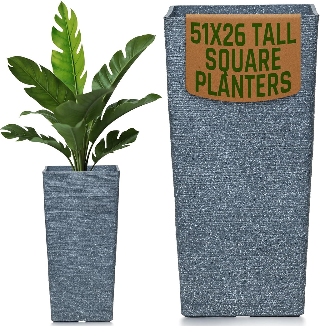 Moorgreen Malahide tall square planter dark grey ribbed design 51x26cm indoor outdoor plant pot with plant
