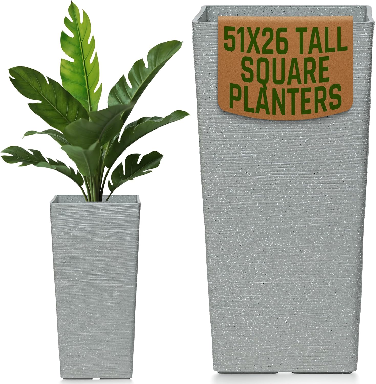Moorgreen Malahide tall square planter light grey ribbed design 51x26cm indoor outdoor plant pot with plant