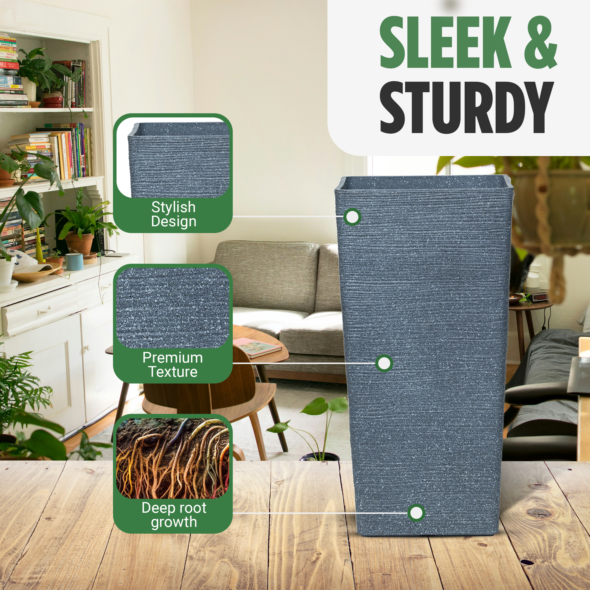 Moorgreen Malahide tall square planter dark grey with premium texture, stylish design, and deep root growth feature for indoor use