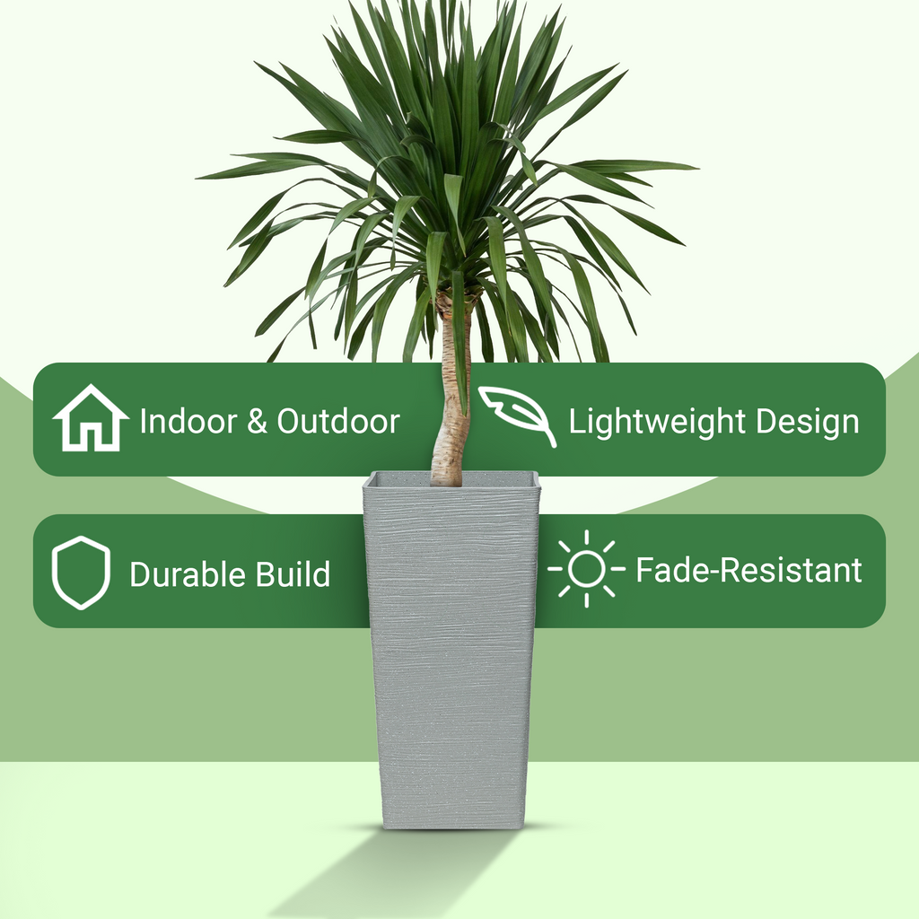 Moorgreen Malahide tall square planter grey ribbed design with plant, featuring indoor & outdoor use, lightweight design, durable build, and fade-resistant properties