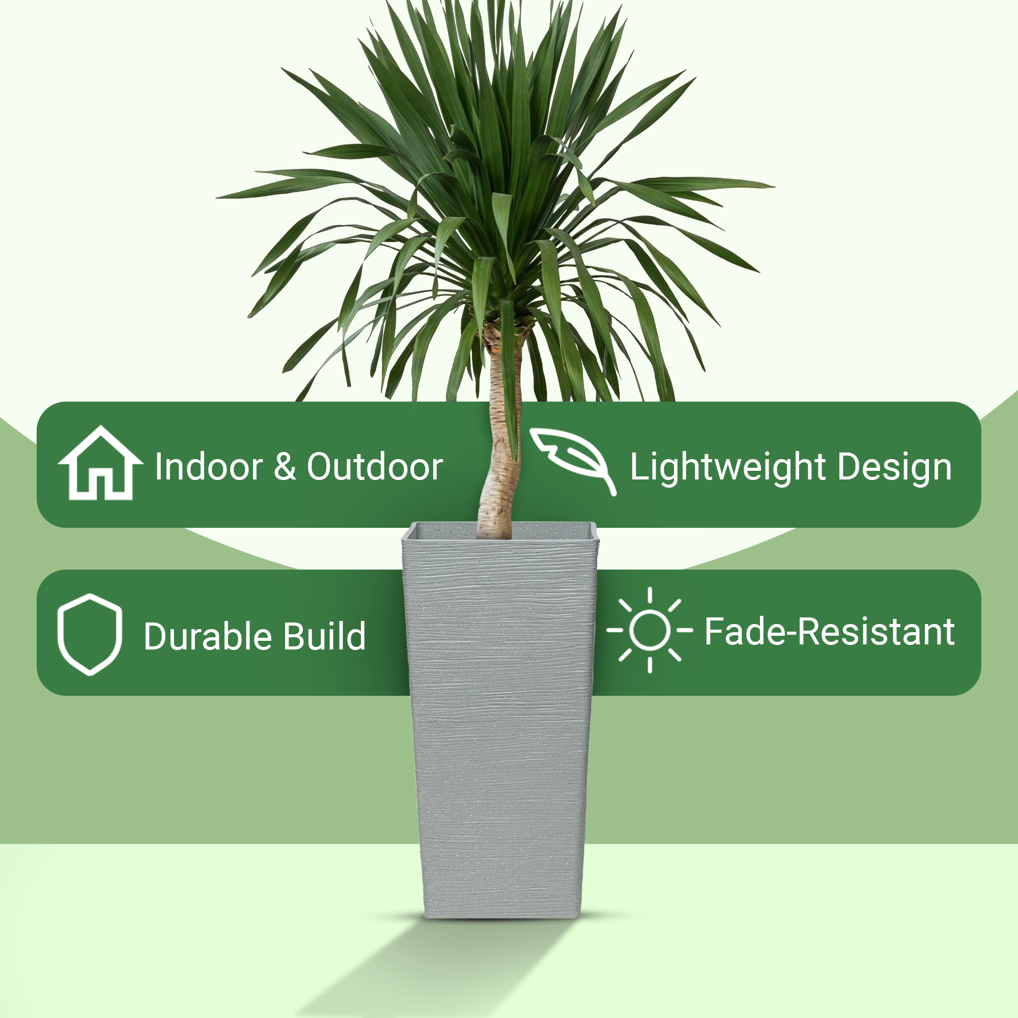 Moorgreen Malahide tall square planter grey ribbed design with plant, featuring indoor & outdoor use, lightweight design, durable build, and fade-resistant properties