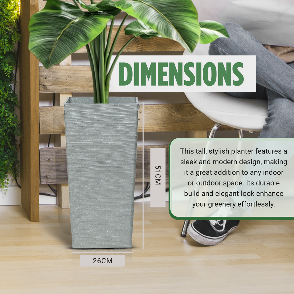 Moorgreen Malahide tall square planter grey ribbed design with dimensions 51cm height and 26cm width, perfect for indoor and outdoor