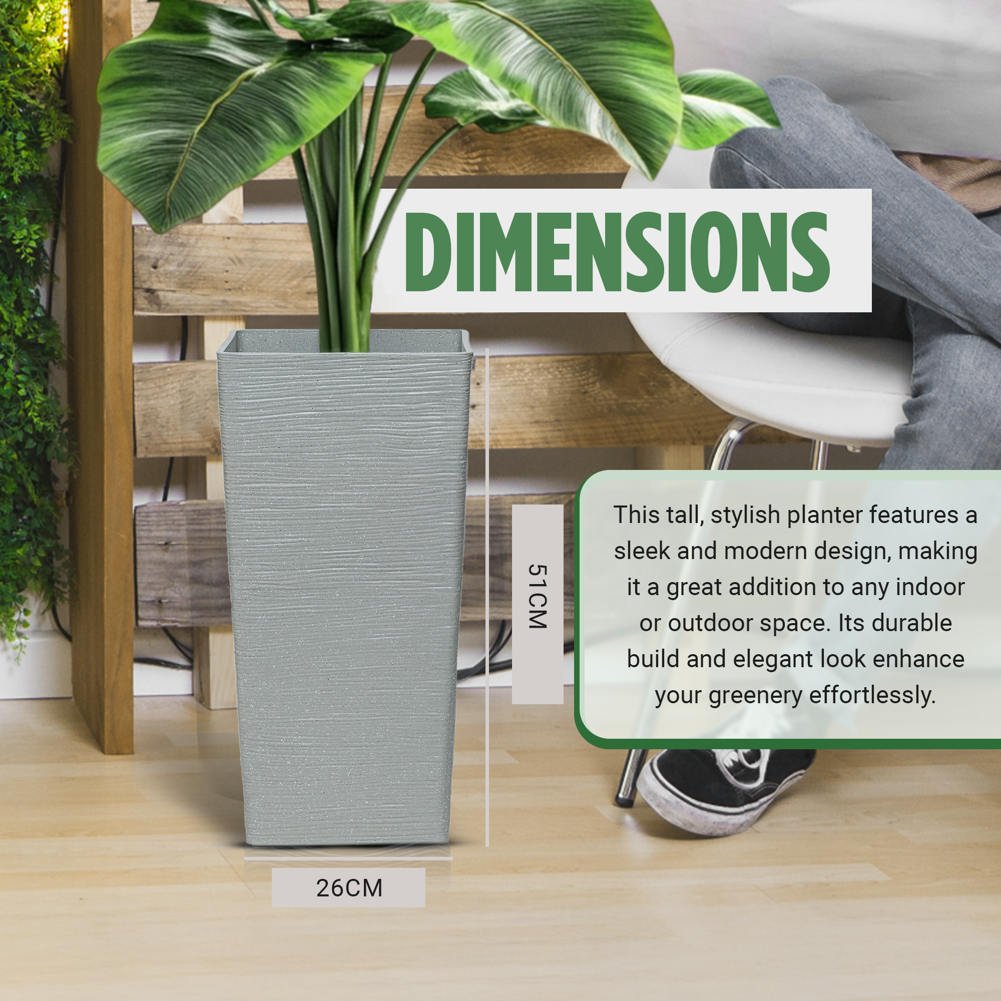 Moorgreen Malahide tall square planter grey ribbed design with dimensions 51cm height and 26cm width, perfect for indoor and outdoor