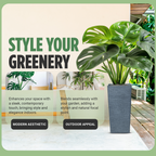 Moorgreen Malahide tall square planter grey ribbed design with plant, enhancing indoor and outdoor spaces with modern aesthetic and outdoor appeal