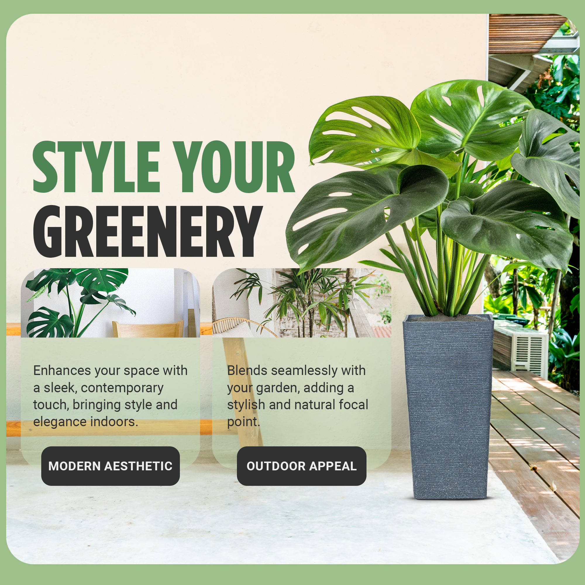 Moorgreen Malahide tall square planter grey ribbed design with plant, enhancing indoor and outdoor spaces with modern aesthetic and outdoor appeal