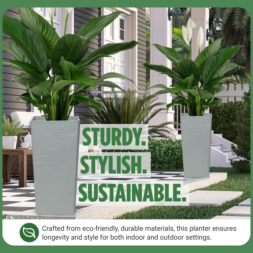 Moorgreen Malahide tall square planter grey ribbed design with plants, showcasing its sturdy, stylish, and sustainable features for indoor and outdoor use