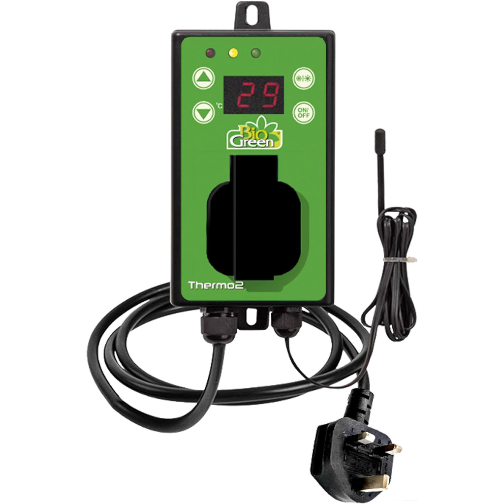 Bio Green Thermo2 Digital Thermostat with temperature display, power plug, and sensor cable for precise heating and cooling control in indoor and greenhouse environments