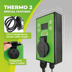 Bio Green Thermo2 Digital Thermostat with 2.8m temperature sensor cable, integrated Type G outlet, and clear display, showcasing its special features and dimensions.
