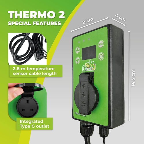 Bio Green Thermo2 Digital Thermostat with 2.8m temperature sensor cable, integrated Type G outlet, and clear display, showcasing its special features and dimensions.