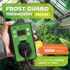 Bio Green Thermo2 Frost Guard Thermostat with temperature display, controlling heating systems and fans for appliances up to 3000W, used in greenhouse environments.