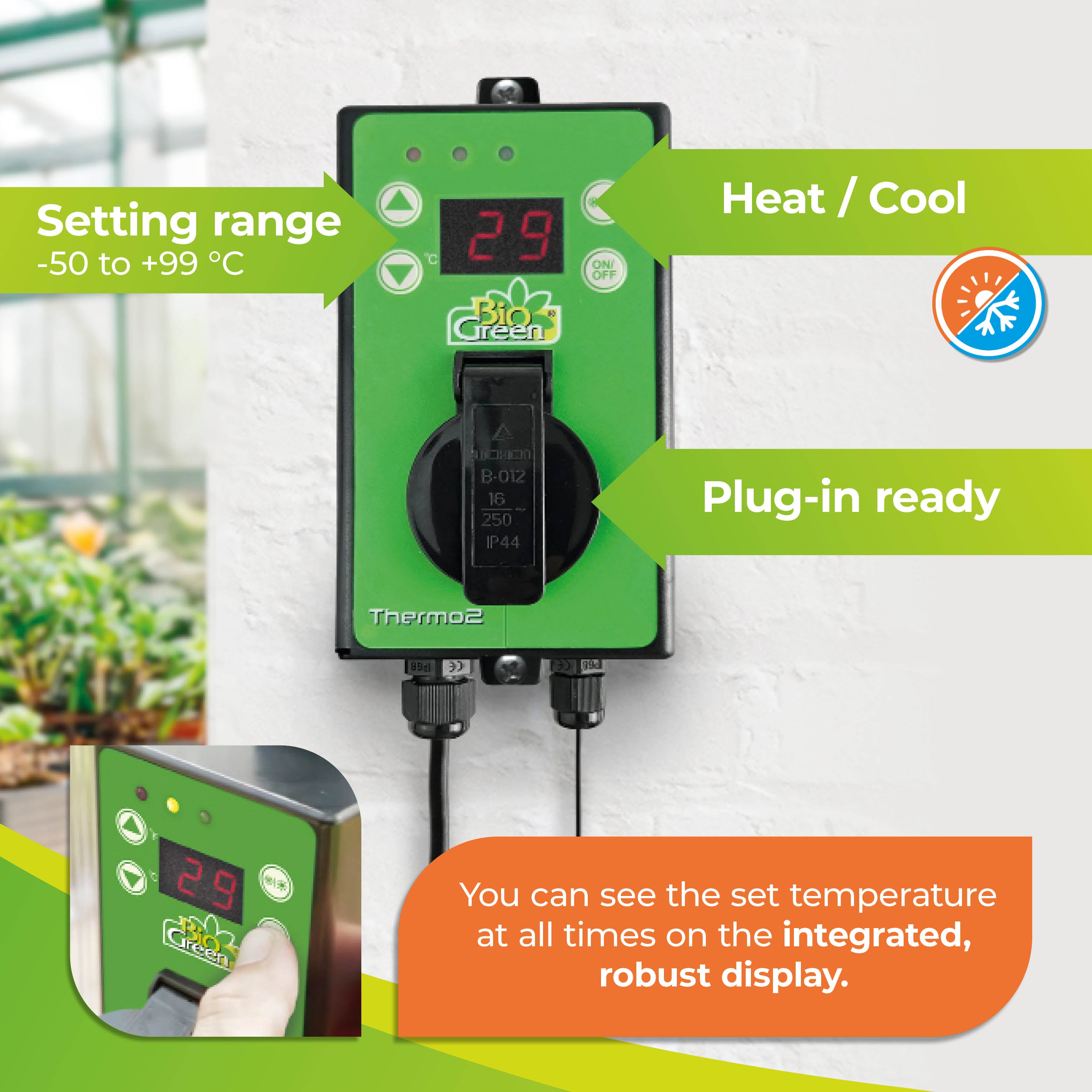 Bio Green Thermo2 Digital Thermostat with temperature setting range from -50°C to +99°C, heat/cool control, plug-in ready, and integrated display for temperature monitoring.