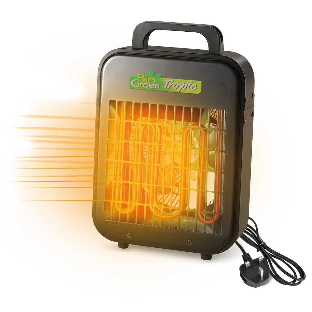 Biogreen Tropic 2kW portable heater with orange glowing heating element and fan, designed for greenhouse or room heating, showcasing the compact and durable design with a carry handle.