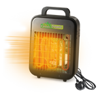 Biogreen Tropic 2kW portable heater with orange glowing heating element and fan, designed for greenhouse or room heating, showcasing the compact and durable design with a carry handle.