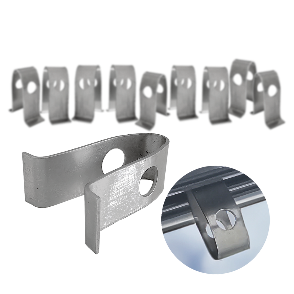 The image shows a set of Biogreen VH V-Hook Stainless Steel Clips. These clips are designed for securing lightweight items in greenhouses, with a simple, tool-free installation process. The image features the V-Hook clips lined up, showcasing their durable stainless steel construction. One clip is enlarged to highlight its design, featuring a hole for easy attachment to standard greenhouse profiles.