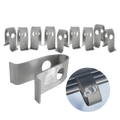 The image shows a set of Biogreen VH V-Hook Stainless Steel Clips. These clips are designed for securing lightweight items in greenhouses, with a simple, tool-free installation process. The image features the V-Hook clips lined up, showcasing their durable stainless steel construction. One clip is enlarged to highlight its design, featuring a hole for easy attachment to standard greenhouse profiles.