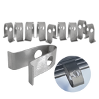 The image shows a set of Biogreen VH V-Hook Stainless Steel Clips. These clips are designed for securing lightweight items in greenhouses, with a simple, tool-free installation process. The image features the V-Hook clips lined up, showcasing their durable stainless steel construction. One clip is enlarged to highlight its design, featuring a hole for easy attachment to standard greenhouse profiles.