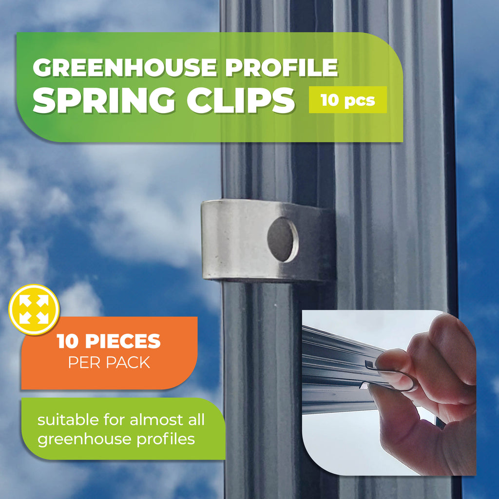 The image features Greenhouse Profile Spring Clips in a pack of 10 pieces. The clips are shown securely attaching to a greenhouse profile frame, providing an easy and effective way to fasten lightweight items to the structure. The image highlights their versatility, noting that they are suitable for most standard greenhouse profiles. A close-up of one clip shows its simple installation process.