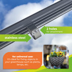 The image showcases stainless steel greenhouse profile spring clips with two holes for attachment. These clips are perfect for securing objects like plants, lamps, or hanging baskets in your greenhouse. The product is labeled as universal for use in various greenhouse setups, ensuring durability and versatility for organizing and securing items efficiently.