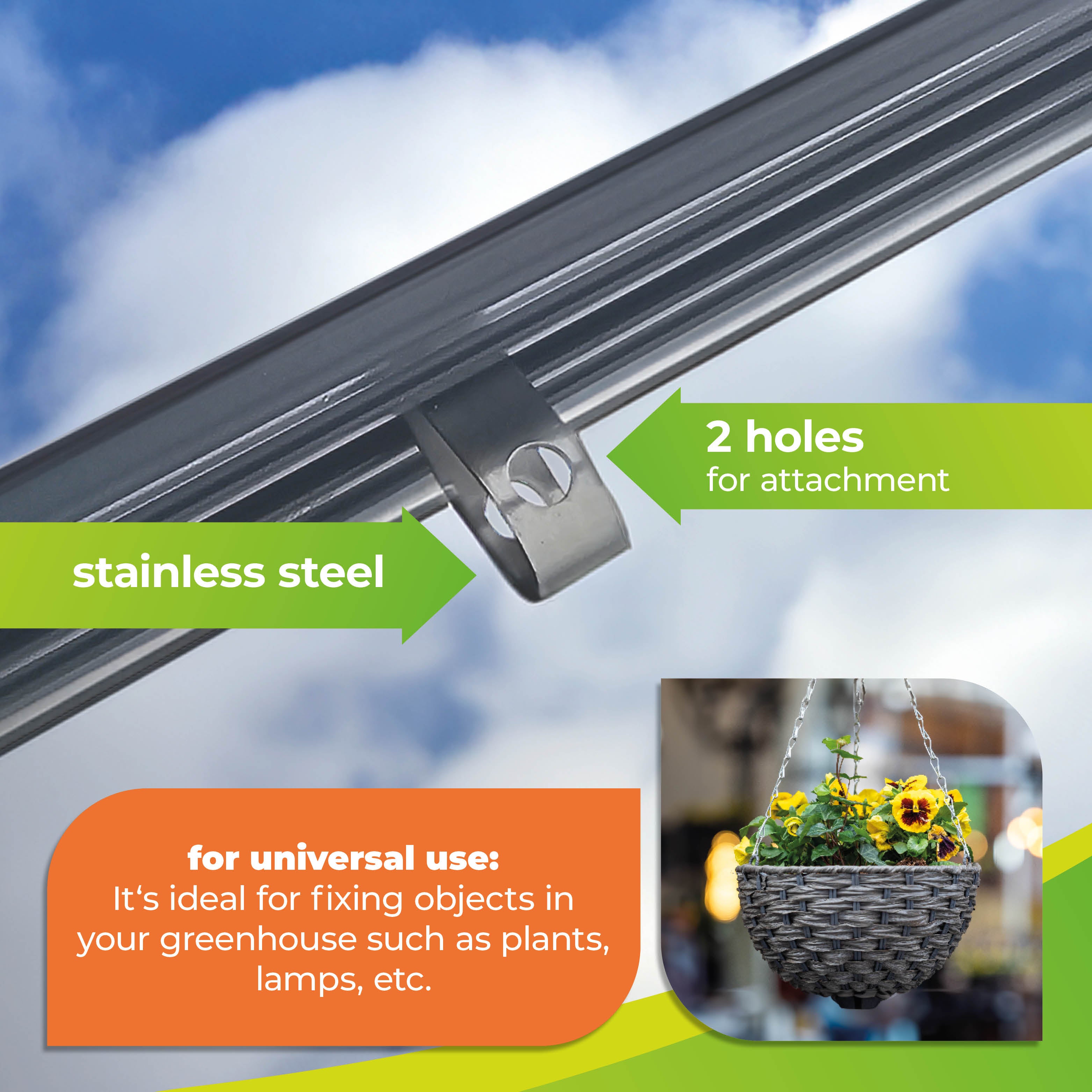 The image showcases stainless steel greenhouse profile spring clips with two holes for attachment. These clips are perfect for securing objects like plants, lamps, or hanging baskets in your greenhouse. The product is labeled as universal for use in various greenhouse setups, ensuring durability and versatility for organizing and securing items efficiently.