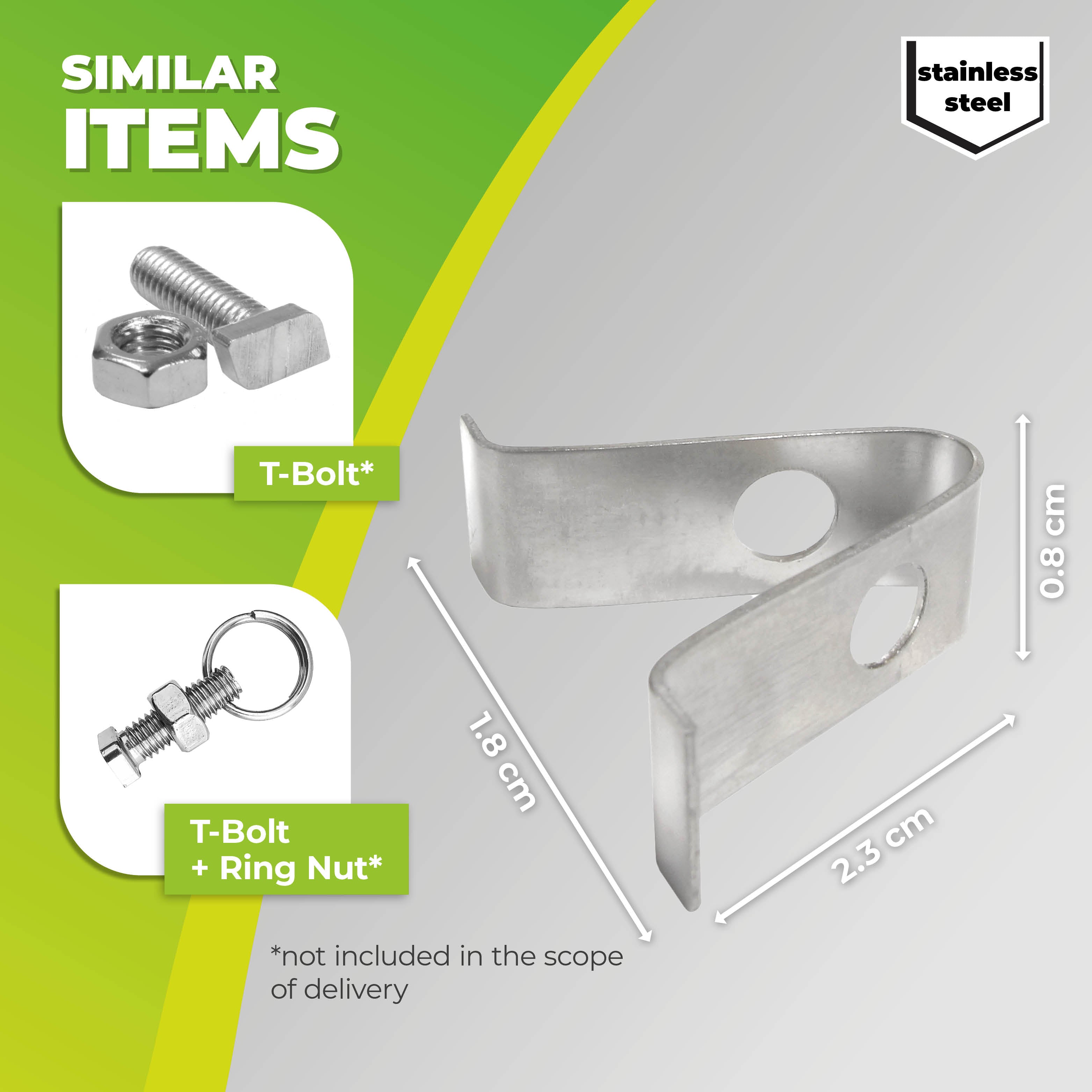 This image showcases stainless steel spring clips along with similar items. The spring clips are designed for use in greenhouses and feature dimensions of 2.3 cm in width, 1.8 cm in length, and 0.8 cm in height. The image also highlights related items such as T-Bolts and T-Bolts with Ring Nuts (sold separately).
