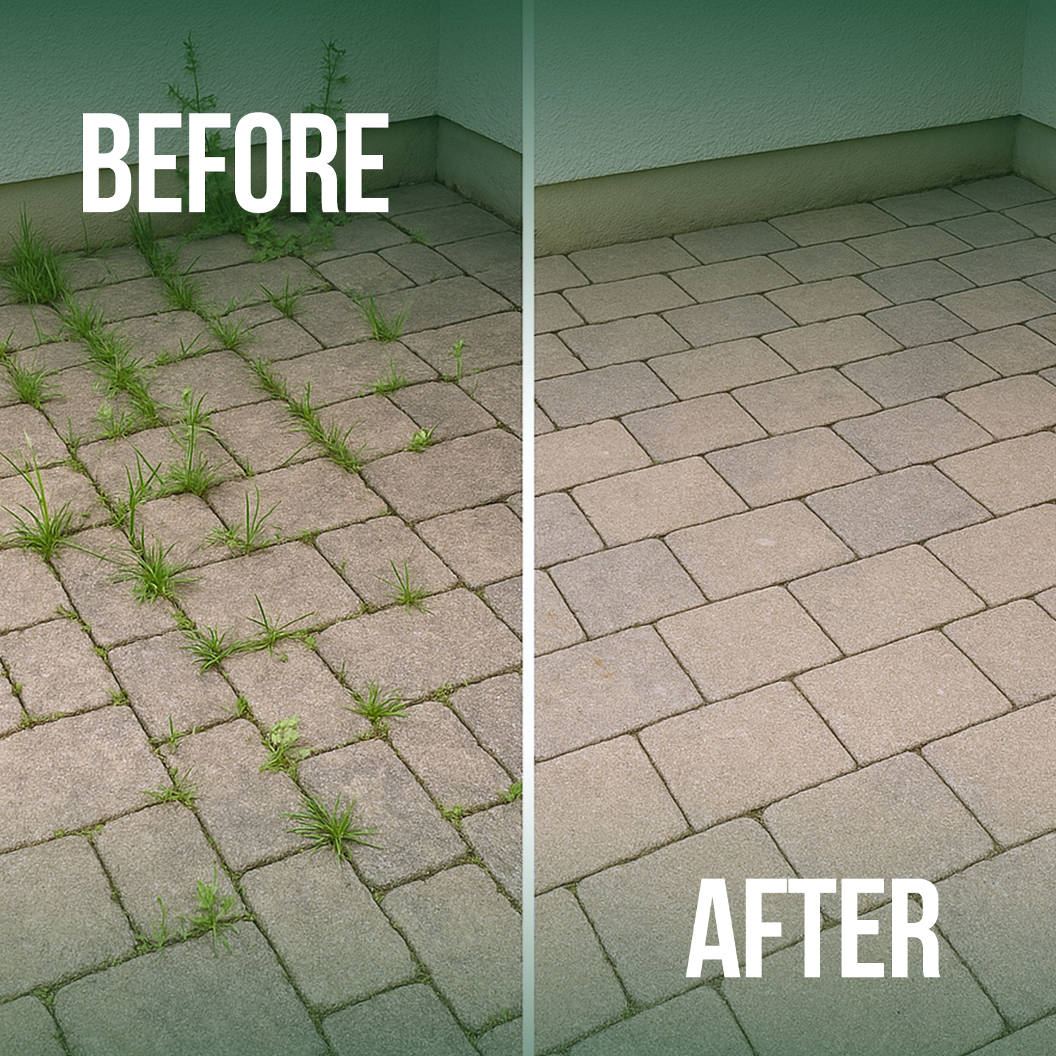 Before and after patio weed removal using glyphosate weed killer