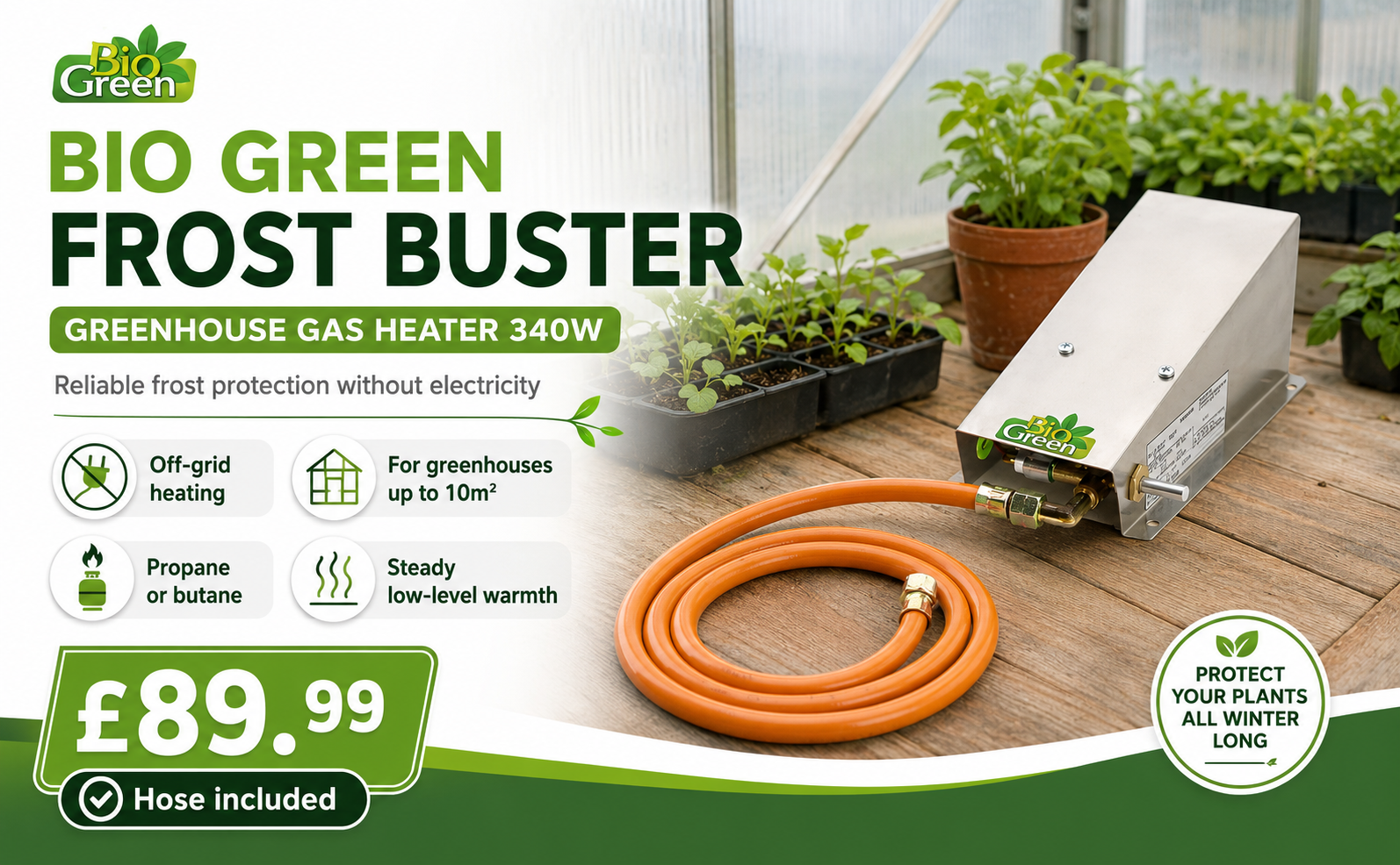 Bio Green Frost Buster Greenhouse Gas Heater 340W – Off-Grid
