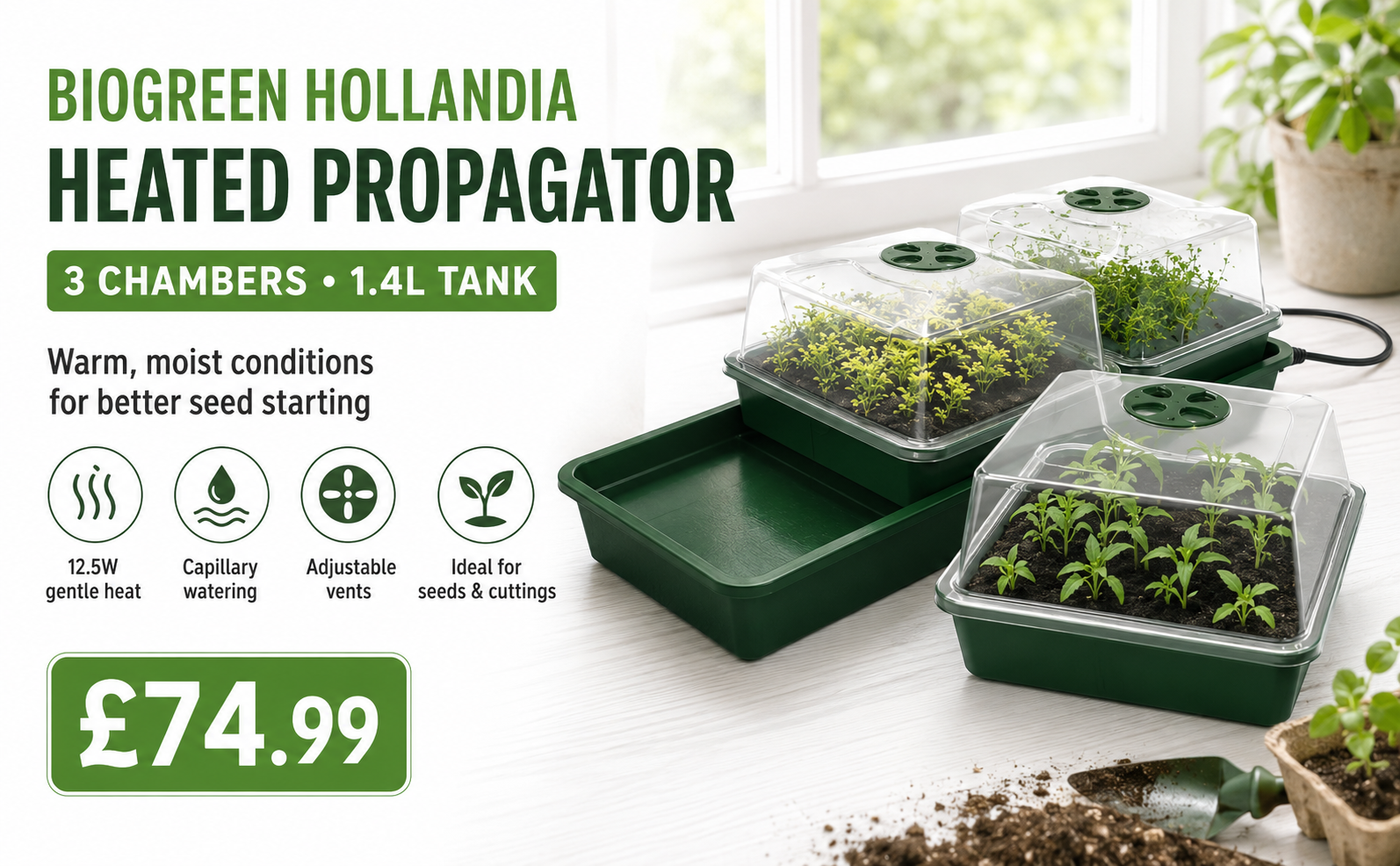 Biogreen Hollandia Heated Propagator 1.4L Tank – 3 Chambers