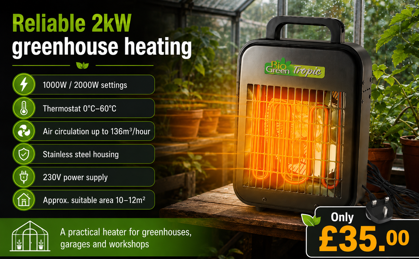 Biogreen Tropic Greenhouse Heater 2kW – Thermostat Control