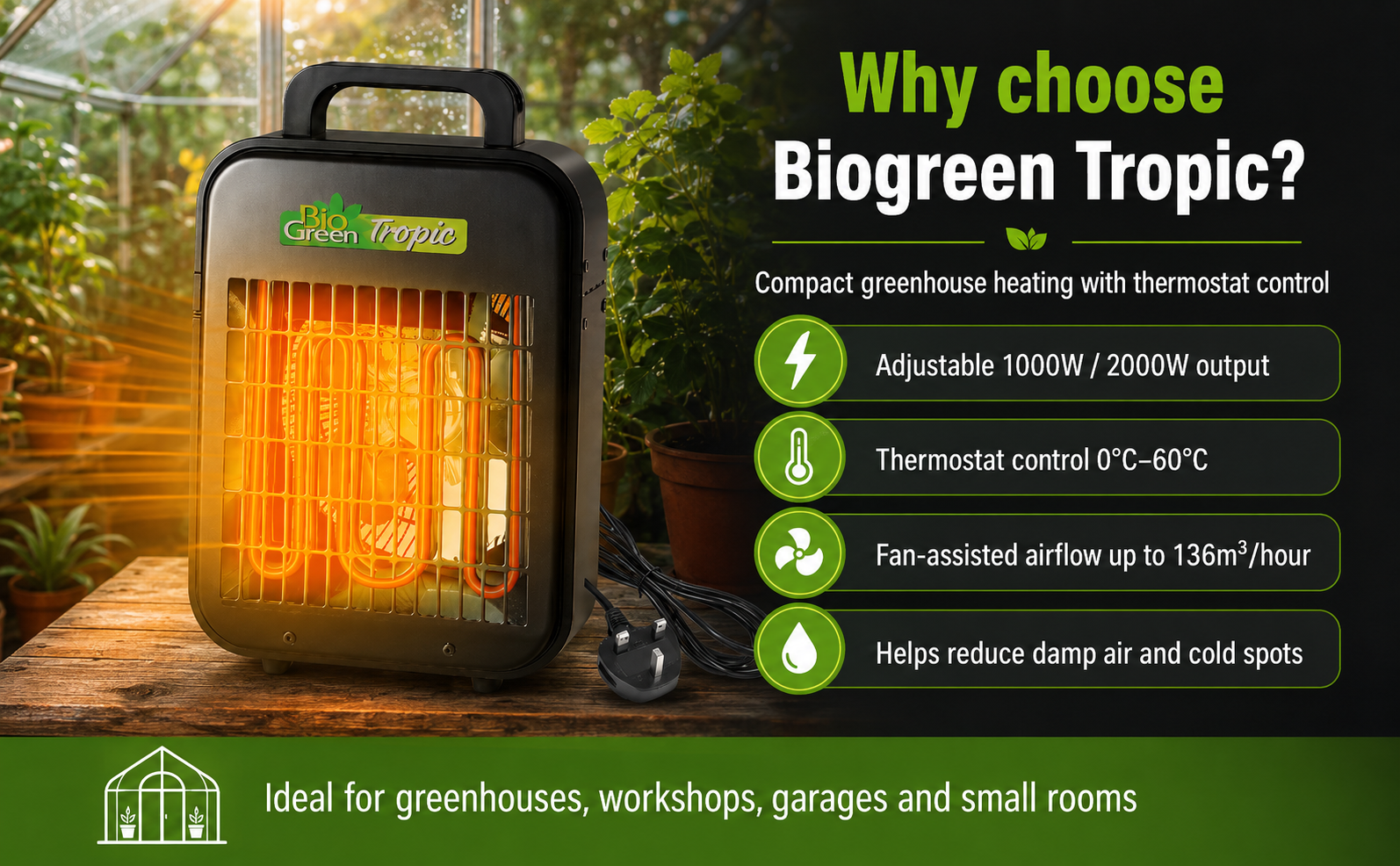 Biogreen Tropic Greenhouse Heater 2kW – Thermostat Control