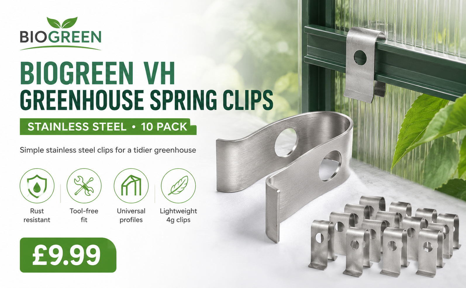 Biogreen VH Greenhouse Spring Clips – Stainless Steel
