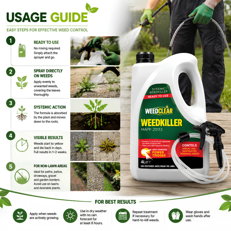 How to use WeedClear 7.2 Ready to Use Weedkiller 4L with power sprayer for effective weed control on patios and driveways