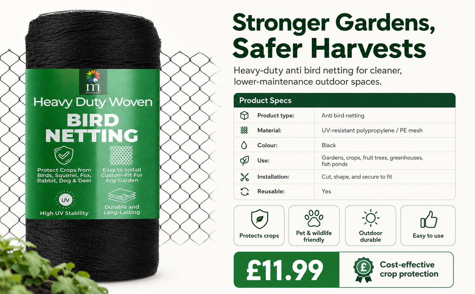 Moorgreen Anti Bird Netting – Heavy Duty Garden Mesh