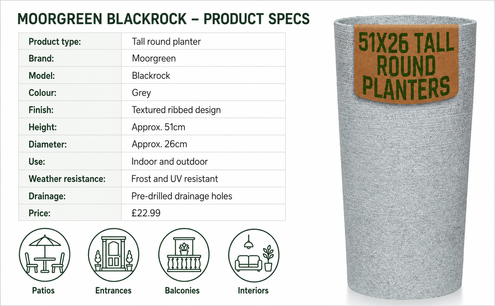 Moorgreen Blackrock Tall Round Planter – Frost Resistant