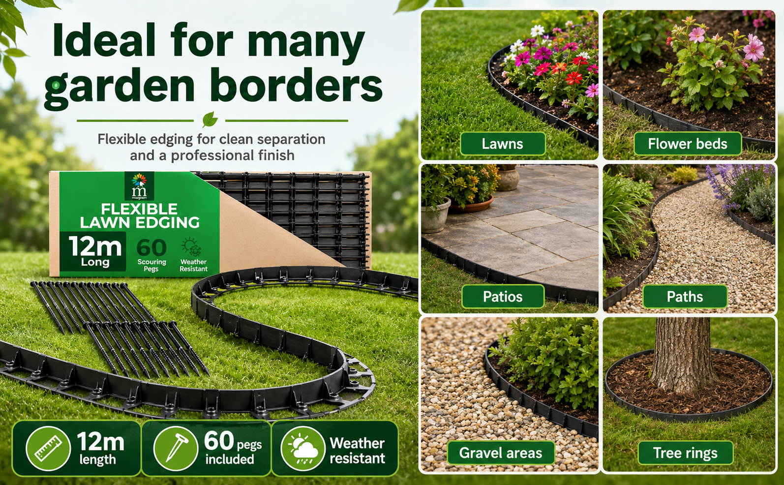 Moorgreen Flexible Lawn Edging – 12m with 60 Pegs