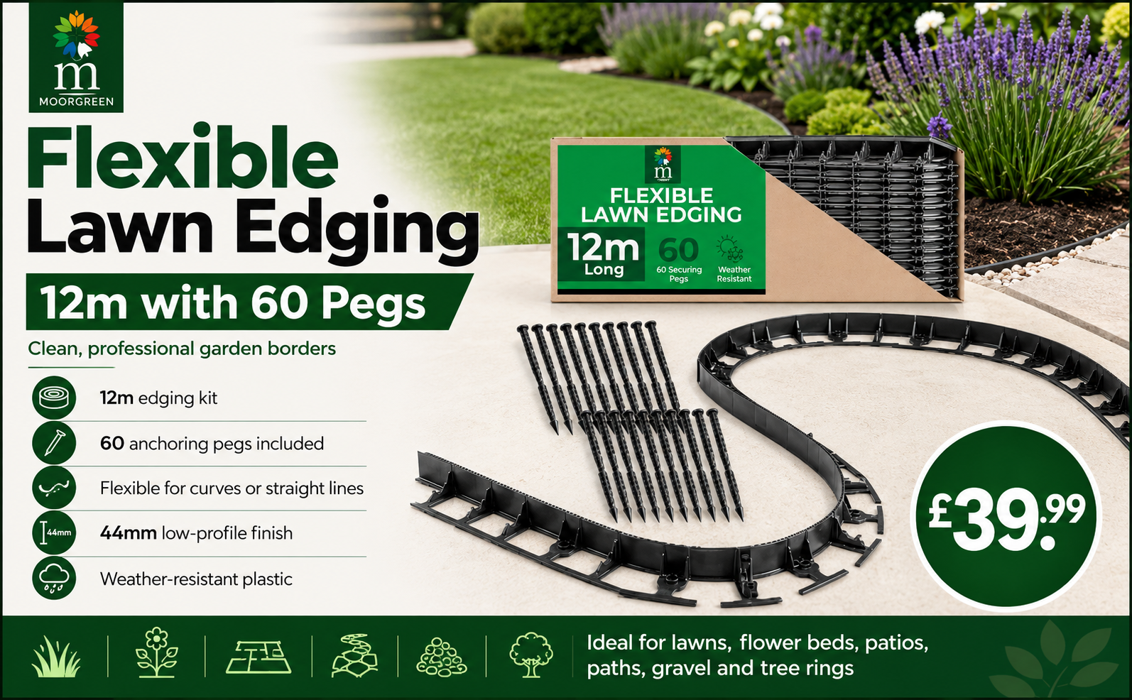Moorgreen Flexible Lawn Edging – 12m with 60 Pegs