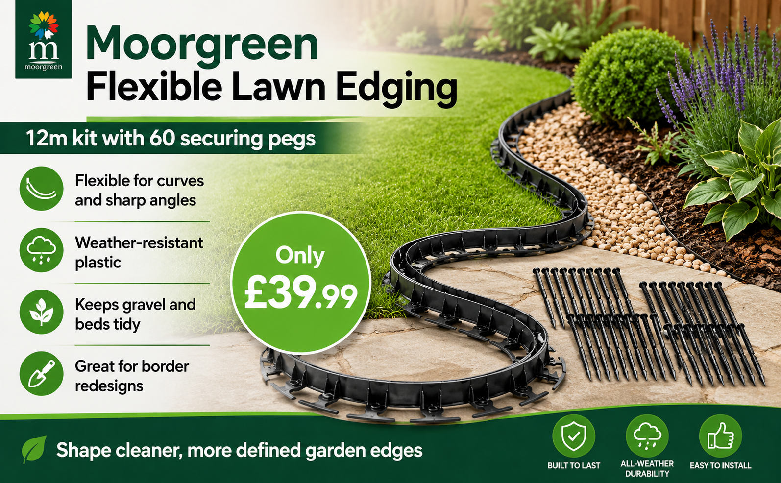 Moorgreen Flexible Lawn Edging – 12m with 60 Pegs
