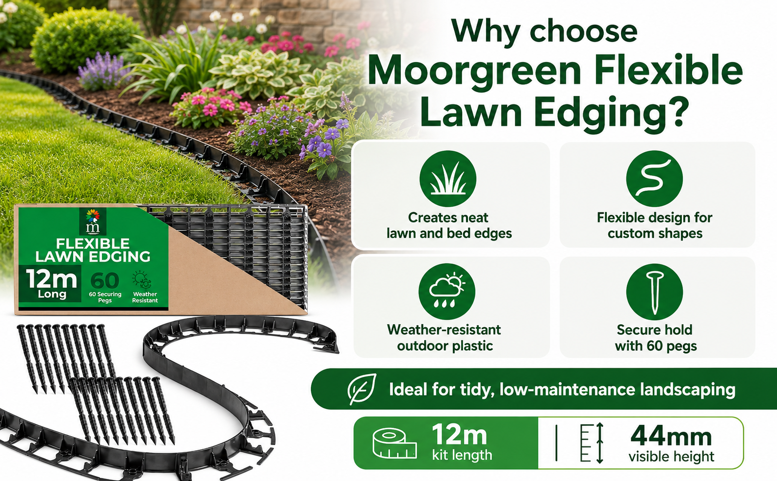 Moorgreen Flexible Lawn Edging – 12m with 60 Pegs