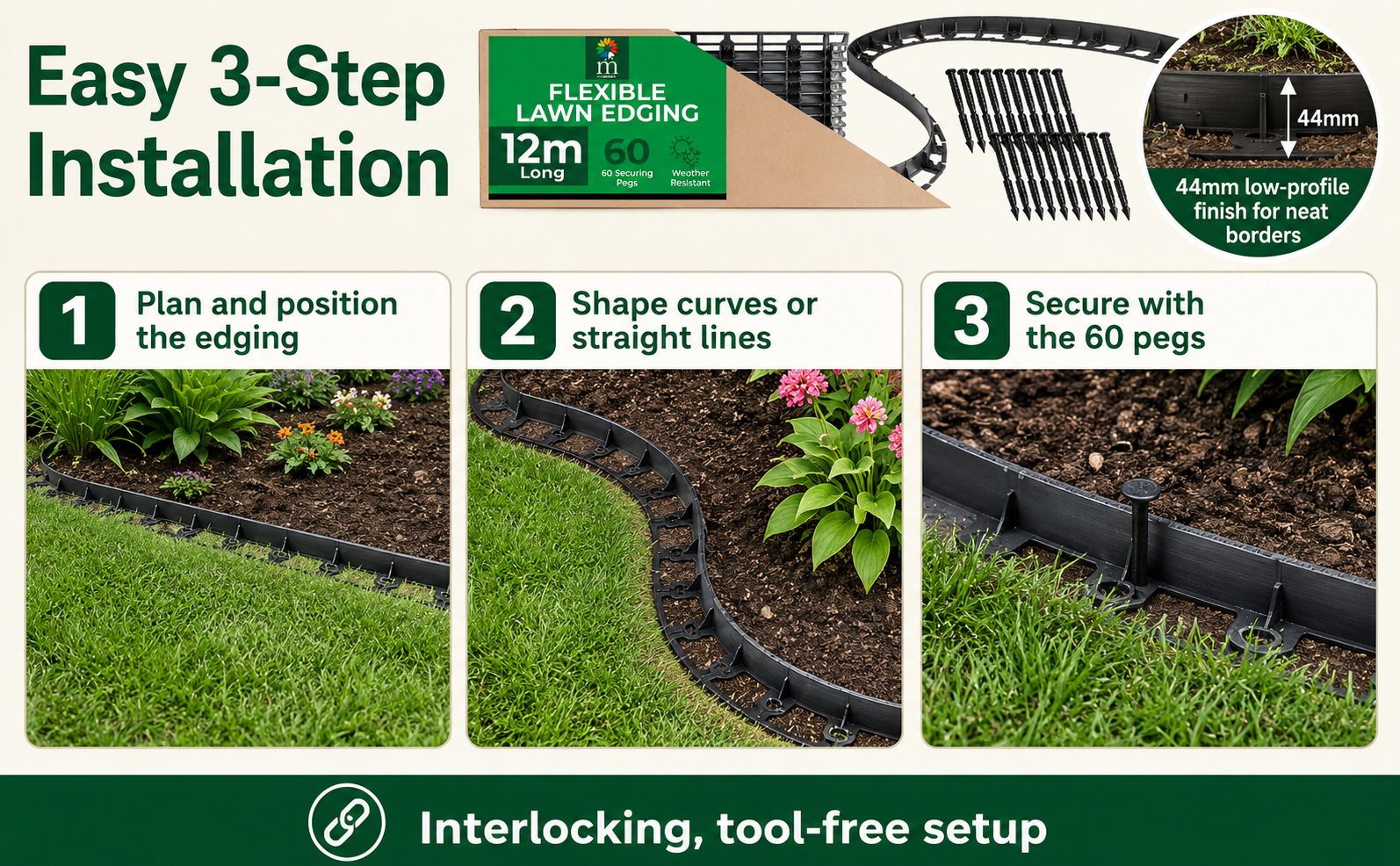 Moorgreen Flexible Lawn Edging – 12m with 60 Pegs