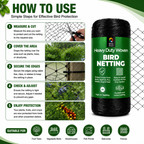 Moorgreen heavy duty bird netting premium features showing durable UV resistant reusable garden mesh that is easy to cut and shape