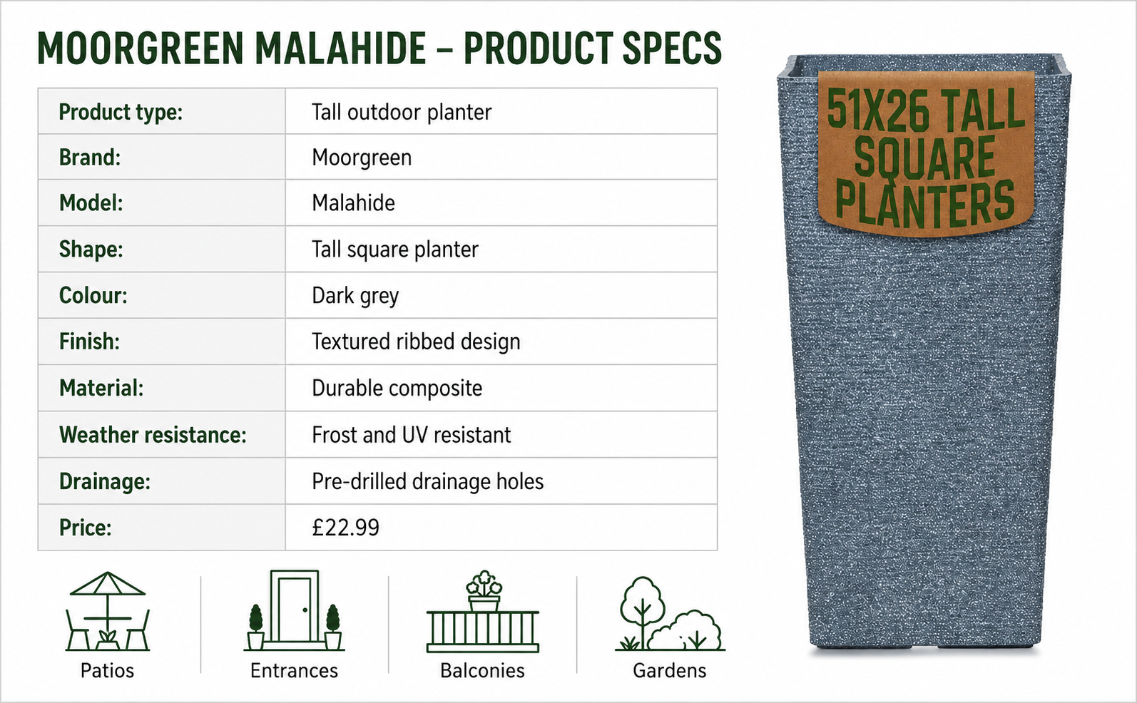 Moorgreen Malahide Tall Outdoor Planter – Frost Resistant